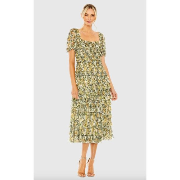 Anthropologie Mac Duggal 8232 Short Sleeve Micro Ruffle Tea Length Dress Size 14